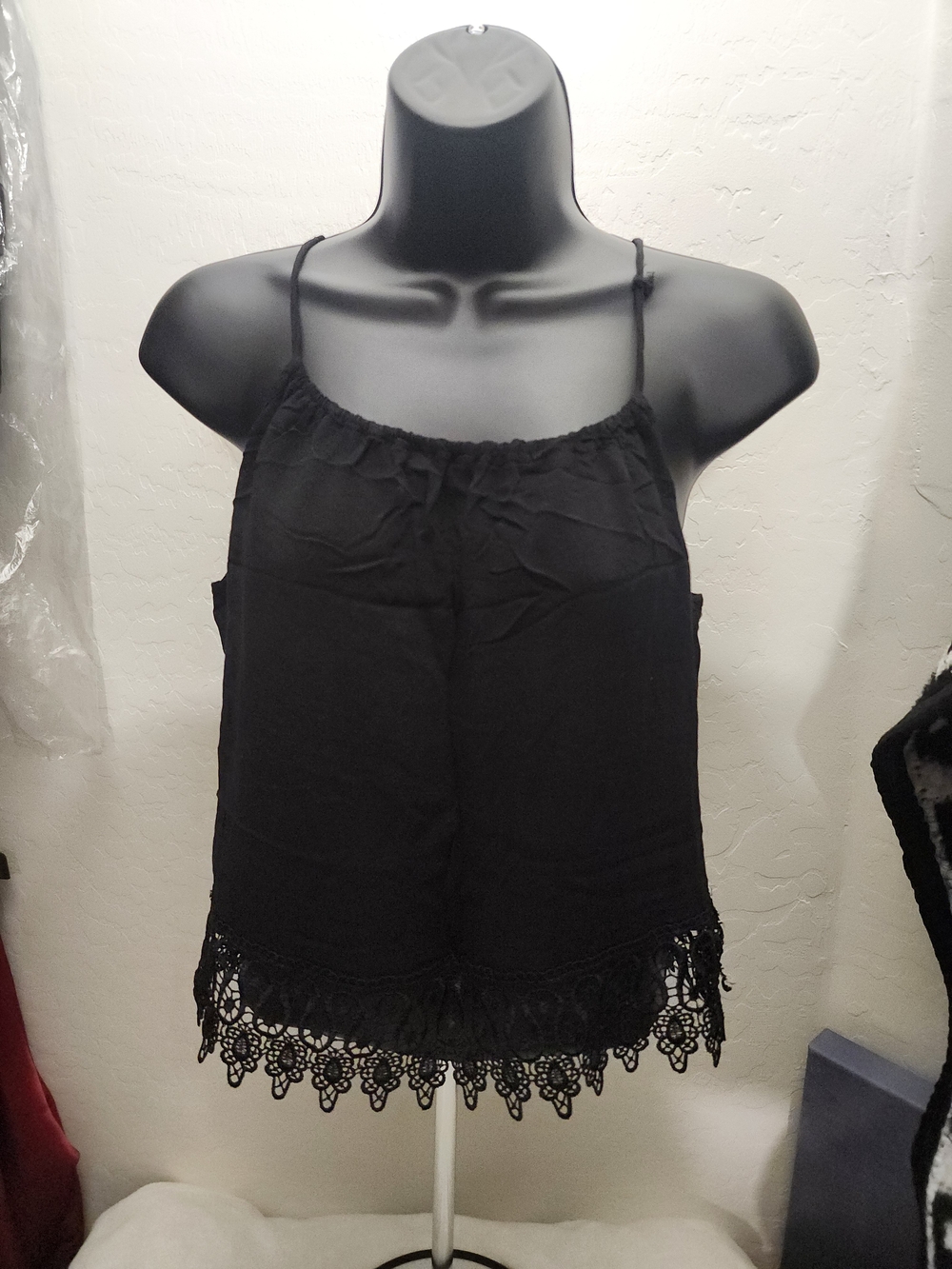 Nella Fantasia Black Crochet-Hem Spaghetti Strap Cami